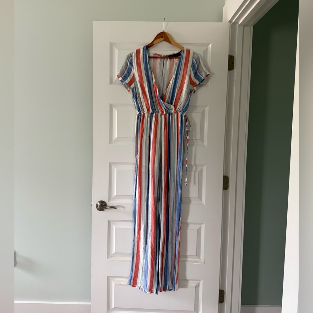 Striped Wrap Jumpsuit in Blue, Red & White